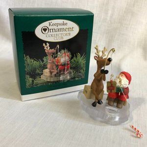 1995 Hallmark Keepsake Ornament Collector's Club Santa & Reindeer Fishing in Box